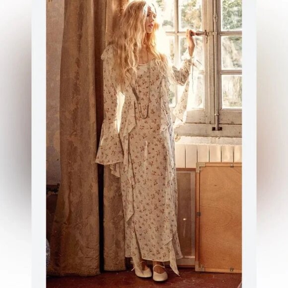 SPELL Gypsy NWOT Fleur Frill Bias Maxi flowy dress In Teapot Blue M - Picture 3 of 16